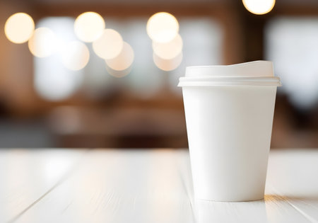 Coffee cup on white wooden table in coffee shop background.の素材