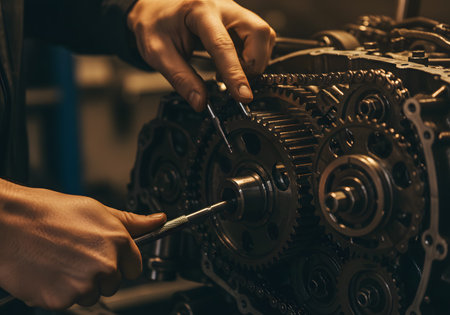 Close up of mechanic hands repairing the gearbox of a car.の素材