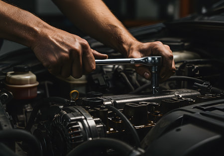 Closeup of a car mechanic fixing a car engine in a garageの素材