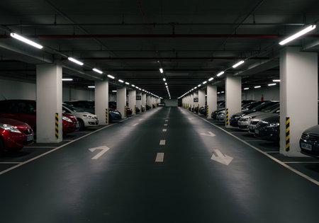 Underground parking lot with row of cars in underground car park.の素材