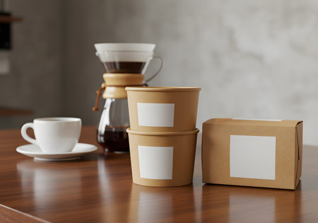 Cardboard coffee cups on wooden table in coffee shop. 3d renderingの素材