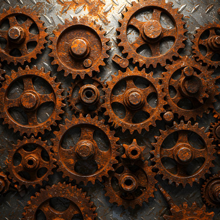 Old rusty gears on grunge metal background. 3d illustration.の素材