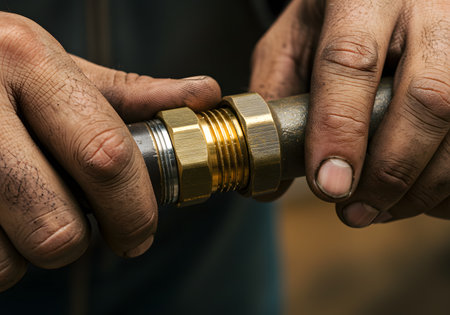 Close up of a man's hands holding a copper pipe in a workshopの素材