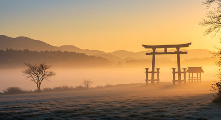Panoramic view of Torii gate at foggy morning in Japanの素材