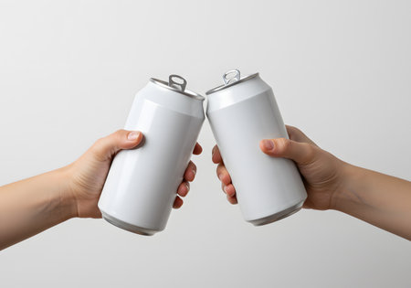 Hands holding cans of beer on white background, closeup viewの素材