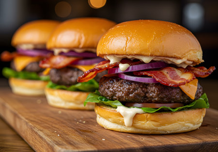 Close up of hamburgers with bacon and onion on wooden boardの素材