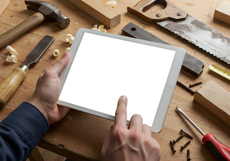 Carpenter using digital tablet with blank screen and tools on the wooden tableの素材