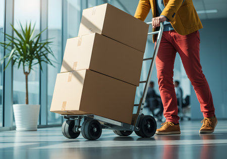 Cropped image of delivery man with hand truck and boxes at airportの素材
