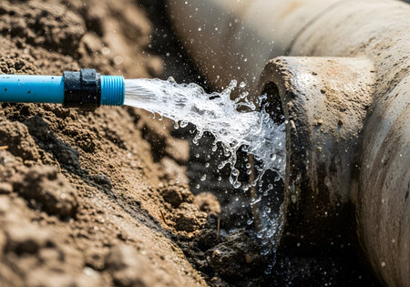 Water flowing from a pipe into the ground. Selective focus.の素材