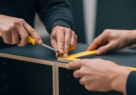cropped shot of man and woman cutting furniture with scissors in workshopの素材