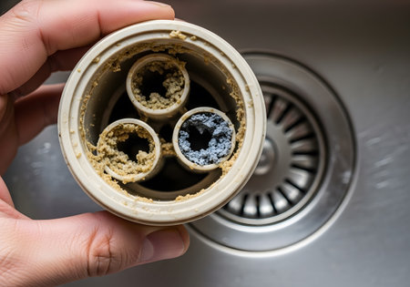 Close up of a man's hand using a kitchen sink to drain the food.の素材