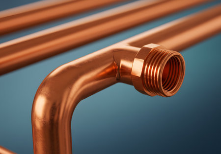 Copper pipe on a blue background. 3d rendering, 3d illustration.の素材