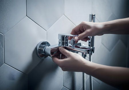 Closeup of female hands opening a modern bathroom faucet.の素材