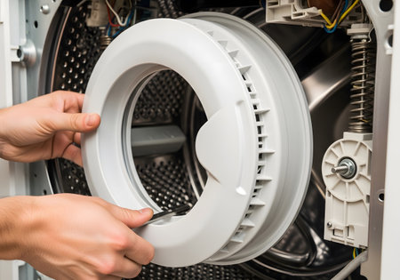 Close-up of hands of a technician repairing a washing machine.の素材