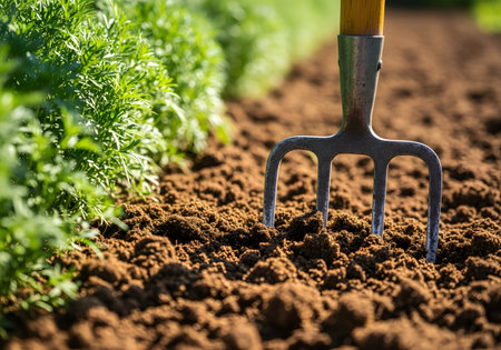 Gardening tools on soil background. Gardening and agriculture conceptの素材
