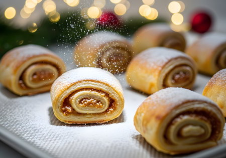 Christmas buns with cinnamon and sugar powder on a background of Christmas lightsの素材