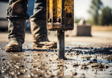 Close-up of a construction worker using a heavy duty construction machine.の素材