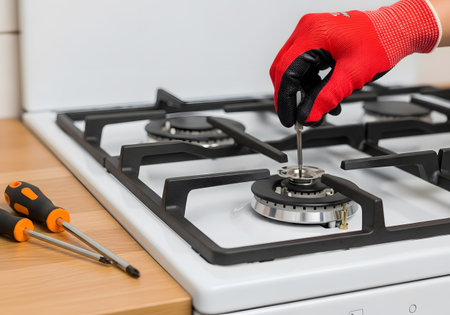 Close-up of a woman's hand in a red glove unscrews a gas stove.の素材