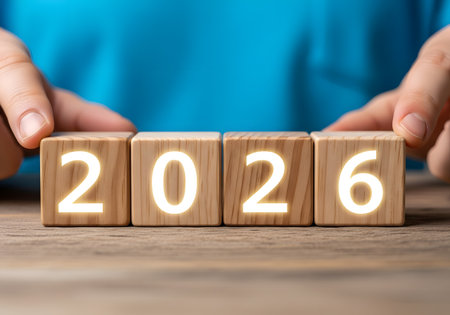 Wooden cubes with numbers 2016 and 2020 on a wooden background.の素材