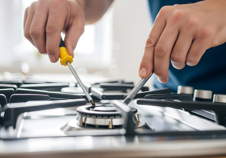 Close up of a man's hands holding a screwdriver and fixing a gas stoveの素材