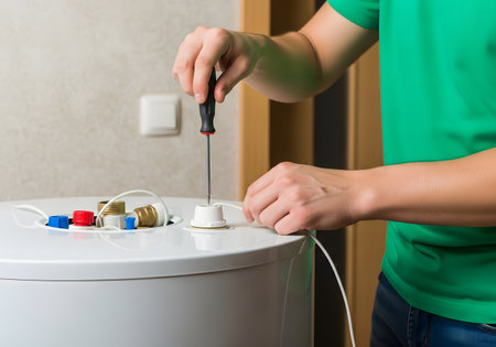 Electrician repairing a socket in a bathroom. Electrician's hands.の素材