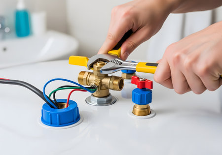 Close-up of hands of a plumber repairing a water tapの素材