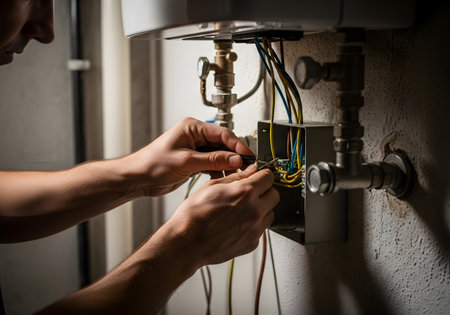 Close-up of a plumber repairing a boiler with a screwdriverの素材