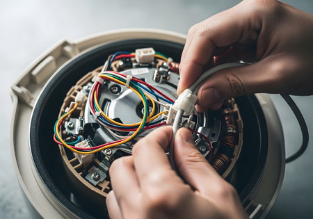 Close up of hands of technician repairing electrical equipment in the workshop.の素材