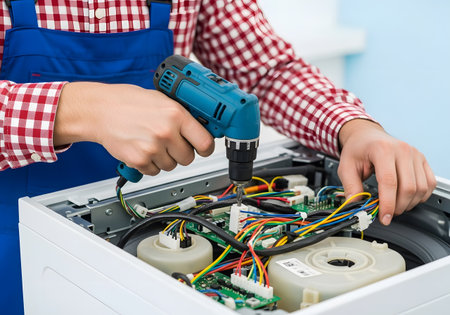 Repairman repairing a washing machine, close-up of handsの素材