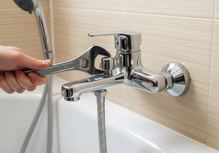 Close-up of woman's hand holding faucet in bathroomの素材