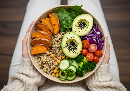 Healthy salad bowl with quinoa, avocado, tomato, cucumber, spinach and chickpeas in woman's handsの素材
