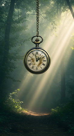 Vintage pocket watch hanging on chain in misty forest. Time conceptの素材