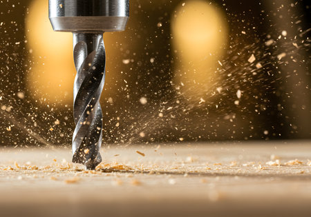Drilling a hole in a wooden board with a milling machineの素材