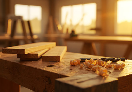 Carpentry tools on wooden table in workshop, closeup viewの素材