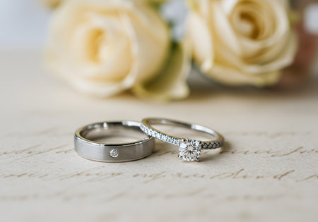 Wedding rings on the background of white roses. Close-up.の素材