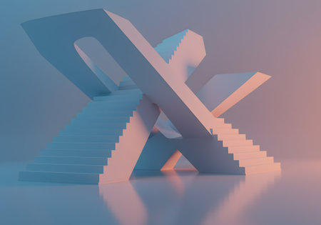 3d render of stairs with arrow in blue light. Concept of success and achievement.の素材