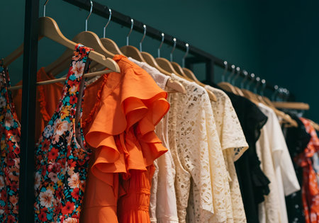 Clothes on hangers in a fashion store. Fashion and shopping conceptの素材