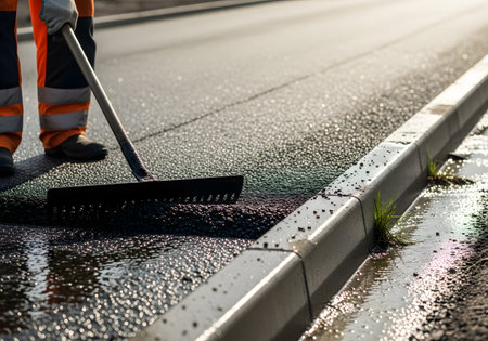 Close-up of a worker cleaning the sidewalk with a brush.の素材