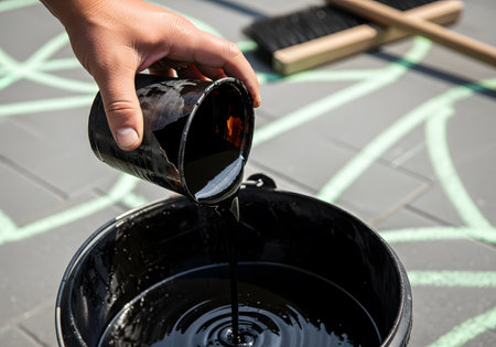 Hand pouring black paint into black bucket with brush and dustpan.の素材