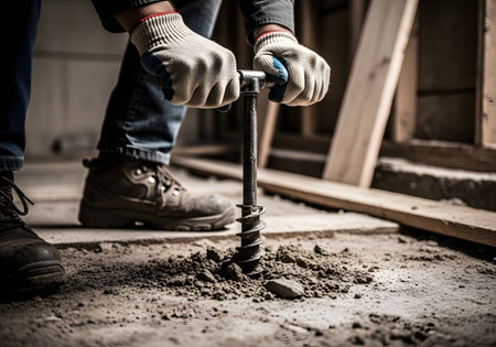 Worker using a screwdriver on the floor of a new houseの素材