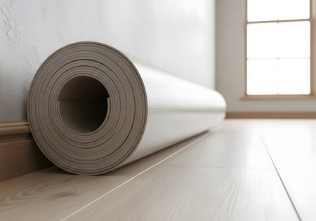 Rolled up yoga mat on laminate floor in room, closeupの素材