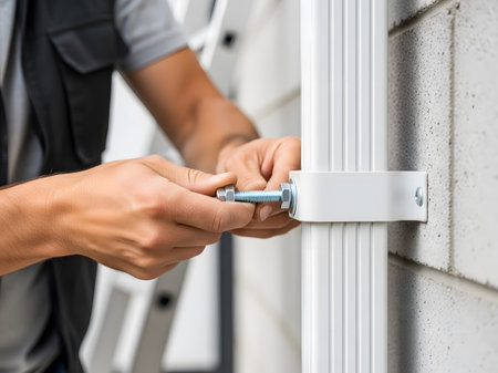 Hands of repairman installing white plastic door knob on the wallの素材