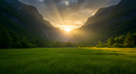 Sunset over a meadow in Geirangerfjord, Norwayの素材