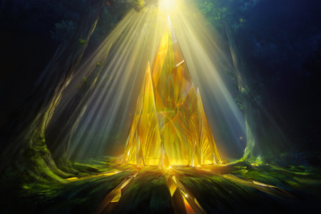 Mystical glowing crystal emanating bright light in a dark forestの素材