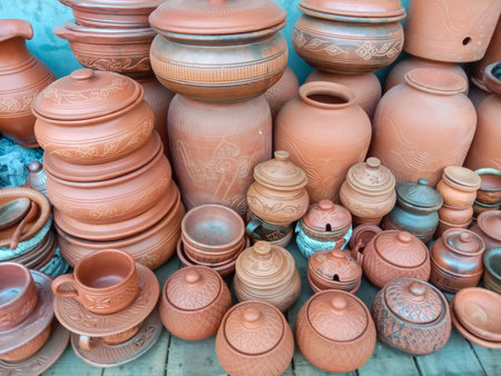 A diverse assortment of handcrafted terracotta pots, jars, and bowls, showcasing earthy tones and traditional artisanal designs.の写真素材