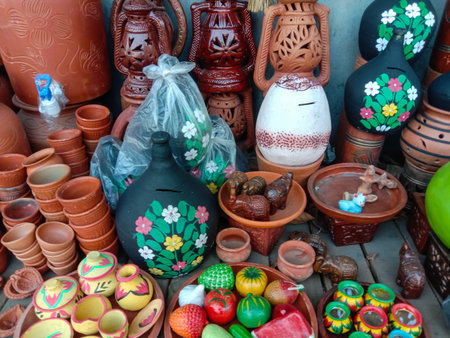 A vibrant collection of diverse handmade pottery, vases, and decorative items, showcasing intricate designs and bright colors in an outdoor setting.の写真素材