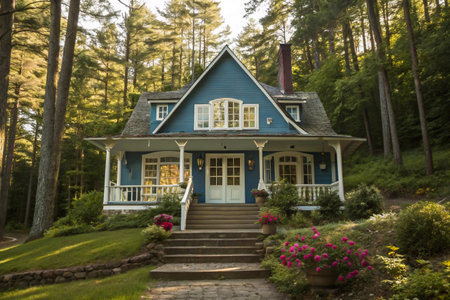 A picturesque rustic blue cottage is nestled deep within a vibrant, sun-dappled forest. Stone steps lead to the inviting porch, surrounded by abundant greenery and autumn foliage.の素材