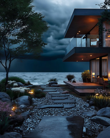 Experience tranquil lakeside living in this modern home featuring natural stone pathways and warm ambient lighting. The dramatic sky creates a serene and inviting atmosphere.の素材