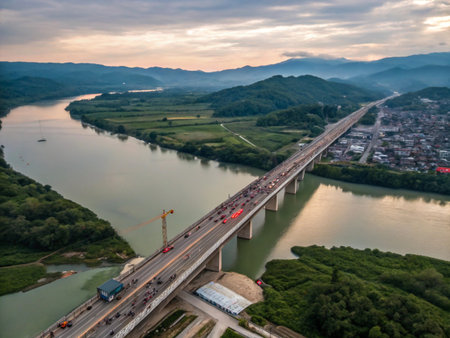 An aerial perspective captures a breathtaking vista of a modern highway bridge gracefully crossing a winding river, surrounded by verdant hills and a distant village.の素材