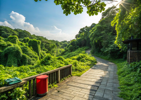 Experience the breathtaking beauty of a vibrant, lush green tropical landscape. Dense foliage thrives under a sunlit canopy, with a weathered wooden walkway inviting exploration into this verdant paradise.の素材